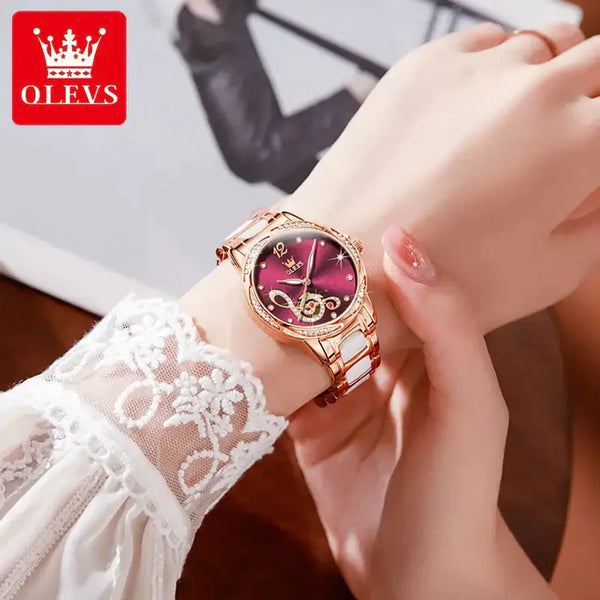 OLEVS 6656 Women's Luxury Automatic Mechanical Musical Symbols Design Luminous Watch - Model Picture Wine Red Face Stainless Steel Ceramic Strap