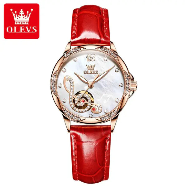 OLEVS 6656 Women's Luxury Automatic Mechanical Musical Symbols Design Luminous Watch - White Face Red Leather Strap