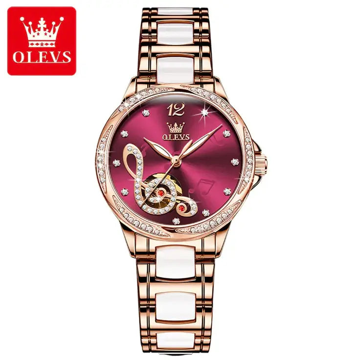 OLEVS 6656 Women's Luxury Automatic Mechanical Musical Symbols Design Luminous Watch - Wine Red Face Two Tone Stainless Steel & Ceramic Strap