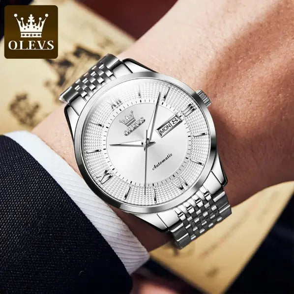  OLEVS 6657 Men's Luxury Automatic Mechanical Luminous Watch - Model Picture Silver White