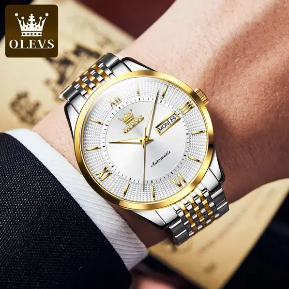  OLEVS 6657 Men's Luxury Automatic Mechanical Luminous Watch - Model Picture Two Tone White