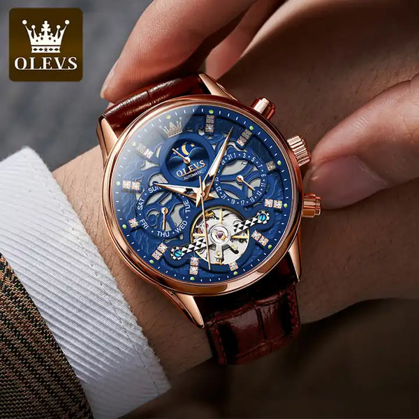 OLEVS 6658 Men's Luxury Automatic Mechanical Hollow Flywheel Design Moon Phase Watch - Model Picture Rose Gold Blue