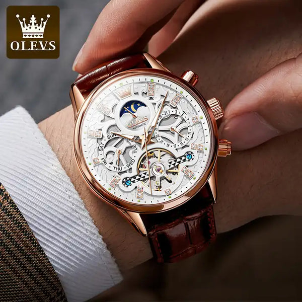 OLEVS 6658 Men's Luxury Automatic Mechanical Hollow Flywheel Design Moon Phase Watch - Model Picture Rose Gold White