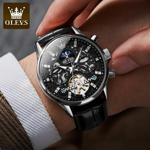 OLEVS 6658 Men's Luxury Automatic Mechanical Hollow Flywheel Design Moon Phase Watch - Model Picture Silver Black