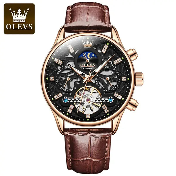 OLEVS 6658 Men's Luxury Automatic Mechanical Hollow Flywheel Design Moon Phase Watch - Rose Gold Black Face Brown Leather Strap