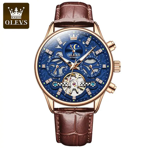 OLEVS 6658 Men's Luxury Automatic Mechanical Hollow Flywheel Design Moon Phase Watch - Rose Gold Blue Face Brown Leather Strap