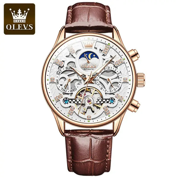 OLEVS 6658 Men's Luxury Automatic Mechanical Hollow Flywheel Design Moon Phase Watch - Rose Gold White Face Brown Leather Strap