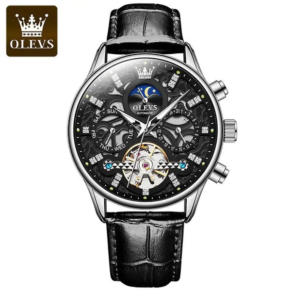 OLEVS 6658 Men's Luxury Automatic Mechanical Hollow Flywheel Design Moon Phase Watch - Silver Black Face Black Leather Strap