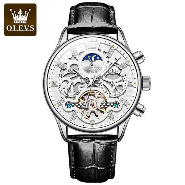 OLEVS 6658 Men's Luxury Automatic Mechanical Hollow Flywheel Design Moon Phase Watch - Silver White Face Black Leather Strap