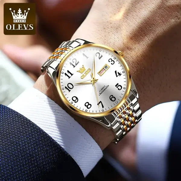 OLEVS 6666 Men's Luxury Automatic Mechanical Luminous Watch - Model Picture Two Tone White