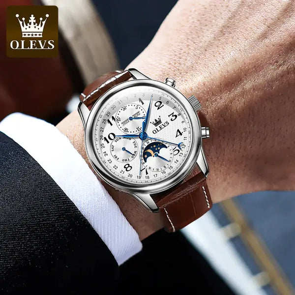 OLEVS 6667 Men's Luxury Automatic Mechanical Moon Phase Watch - Model Picture Leather Strap