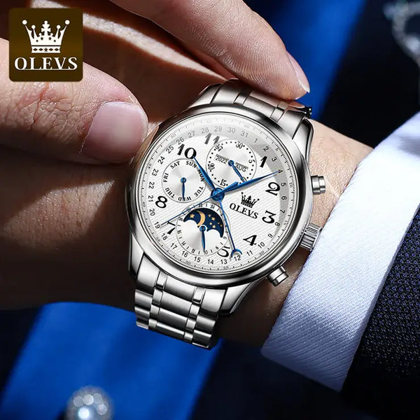 OLEVS 6667 Men's Luxury Automatic Mechanical Moon Phase Watch - Model Picture Steel Strap