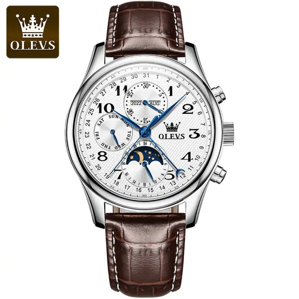 OLEVS 6667 Men's Luxury Automatic Mechanical Moon Phase Watch - Silver Brown Leather Strap