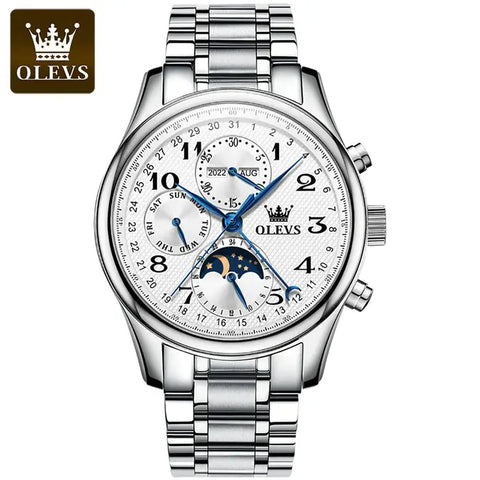 OLEVS 6667 Men's Luxury Automatic Mechanical Moon Phase Watch - Silver Stainless Steel Strap