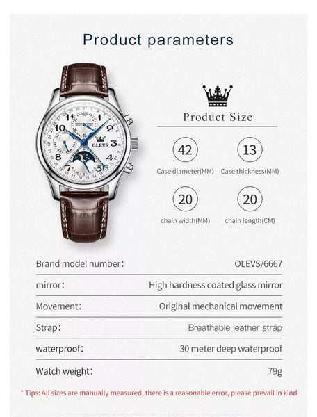 OLEVS 6667 Men's Luxury Automatic Mechanical Moon Phase Watch - Specifications Leather Strap