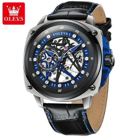 OLEVS 6682 Men's Luxury Automatic Mechanical Skeleton Design Luminous Watch - Blue