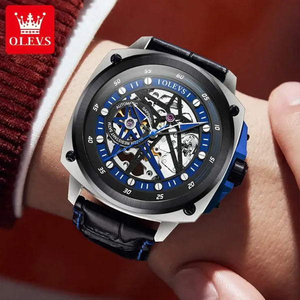 OLEVS 6682 Men's Luxury Automatic Mechanical Skeleton Design Luminous Watch - Model Picture Blue