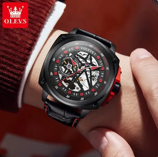 OLEVS 6682 Men's Luxury Automatic Mechanical Skeleton Design Luminous Watch - Model Picture Red