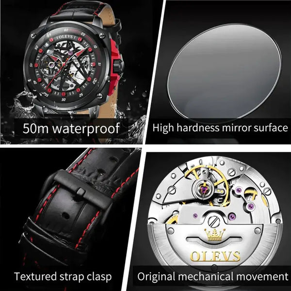 OLEVS 6682 Men's Luxury Automatic Mechanical Skeleton Design Luminous Watch - Multiple Features