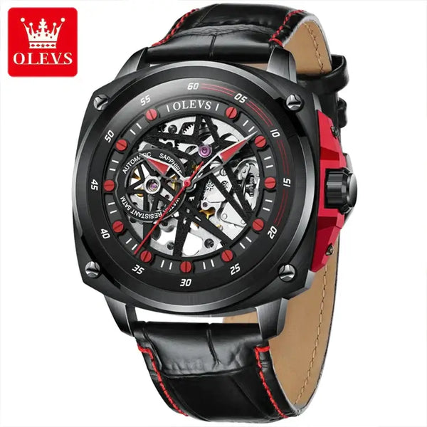 OLEVS 6682 Men's Luxury Automatic Mechanical Skeleton Design Luminous Watch - Red