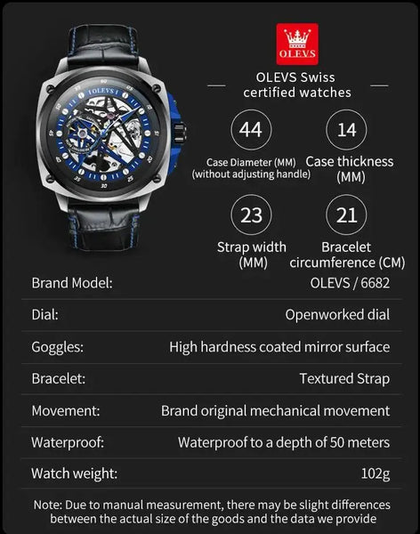 OLEVS 6682 Men's Luxury Automatic Mechanical Skeleton Design Luminous Watch - Specifications