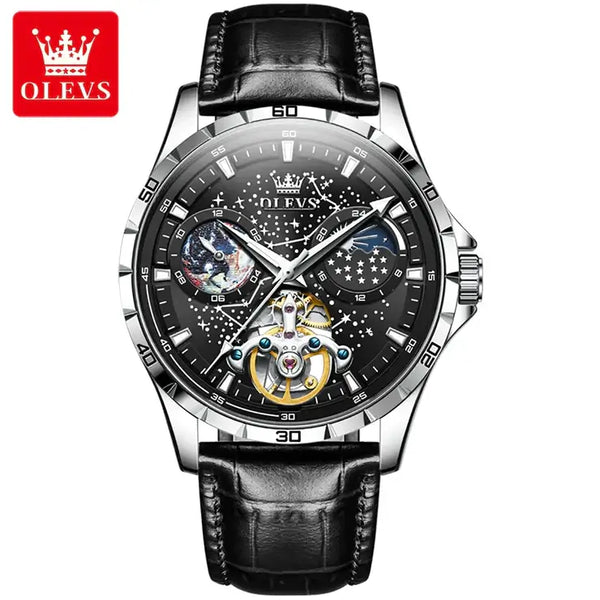 OLEVS 6689 Men's Luxury Automatic Mechanical Starry Sky Design Luminous Moon Phase Watch - Black Face Black Leather Strap