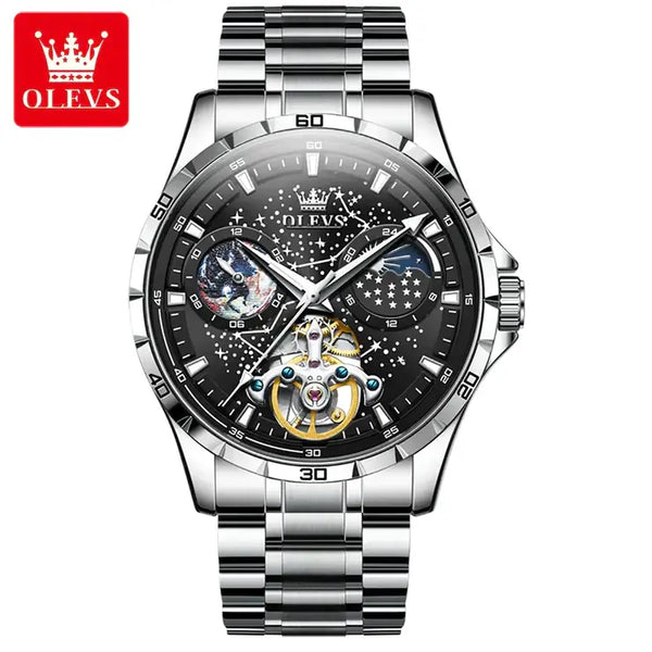 OLEVS 6689 Men's Luxury Automatic Mechanical Starry Sky Design Luminous Moon Phase Watch - Black Face Stainless Steel Strap