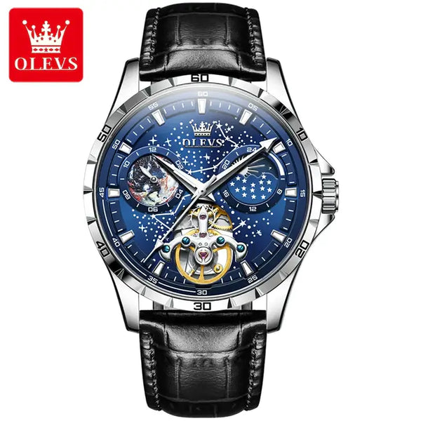 OLEVS 6689 Men's Luxury Automatic Mechanical Starry Sky Design Luminous Moon Phase Watch - Blue Face Black Leather Strap