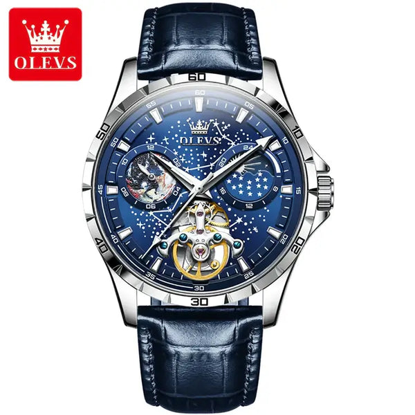 OLEVS 6689 Men's Luxury Automatic Mechanical Starry Sky Design Luminous Moon Phase Watch - Blue Face Blue Leather Strap