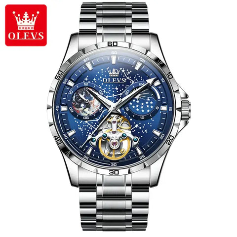 OLEVS 6689 Men's Luxury Automatic Mechanical Starry Sky Design Luminous Moon Phase Watch - Blue Face Stainless Steel Strap
