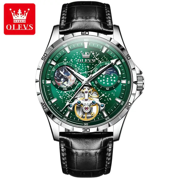 OLEVS 6689 Men's Luxury Automatic Mechanical Starry Sky Design Luminous Moon Phase Watch - Green Face Black Leather Strap