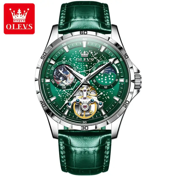 OLEVS 6689 Men's Luxury Automatic Mechanical Starry Sky Design Luminous Moon Phase Watch - Green Face Green Leather Strap