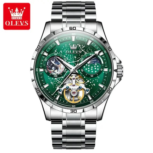 OLEVS 6689 Men's Luxury Automatic Mechanical Starry Sky Design Luminous Moon Phase Watch - Green Face Stainless Steel Strap