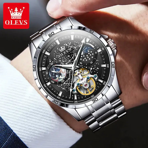 OLEVS 6689 Men's Luxury Automatic Mechanical Starry Sky Design Luminous Moon Phase Watch - Model Picture Black Steel Strap