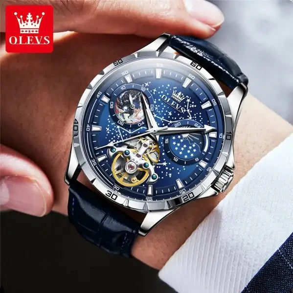 OLEVS 6689 Men's Luxury Automatic Mechanical Starry Sky Design Luminous Moon Phase Watch - Model Picture Blue Leather Strap