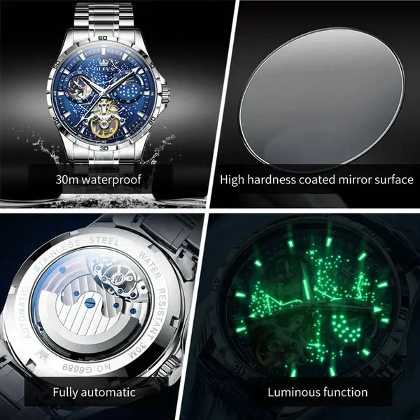 OLEVS 6689 Men's Luxury Automatic Mechanical Starry Sky Design Luminous Moon Phase Watch - Multiple Features