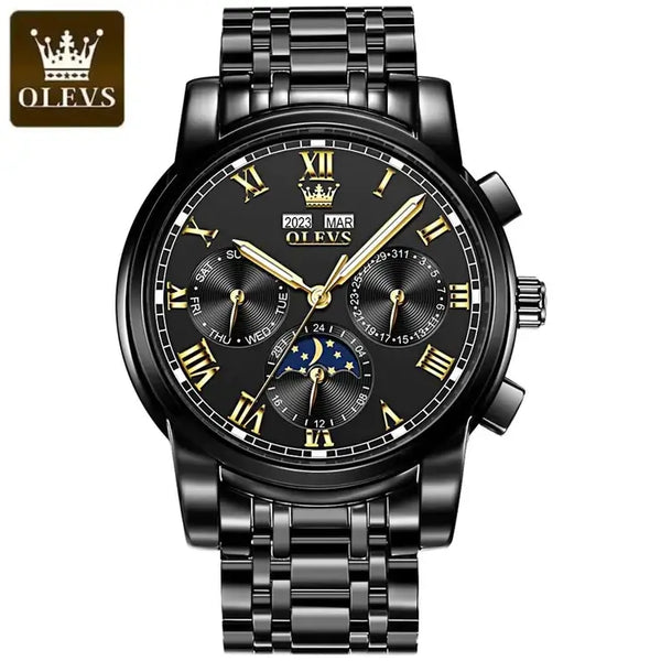 OLEVS 6692 Men's Luxury Automatic Mechanical Luminous Moon Phase Watch - Full Black