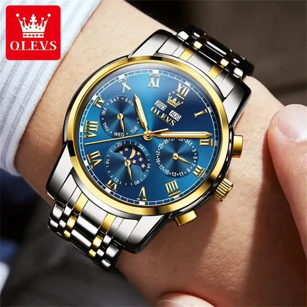 OLEVS 6692 Men's Luxury Automatic Mechanical Luminous Moon Phase Watch - Model Picture Two Tone Blue