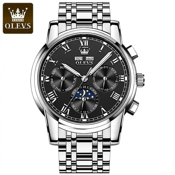 OLEVS 6692 Men's Luxury Automatic Mechanical Luminous Moon Phase Watch - Silver Black Face