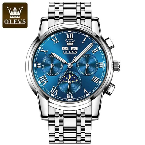 OLEVS 6692 Men's Luxury Automatic Mechanical Luminous Moon Phase Watch - Silver Blue Face