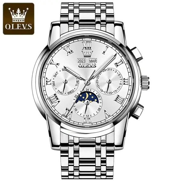 OLEVS 6692 Men's Luxury Automatic Mechanical Luminous Moon Phase Watch - Silver White Face