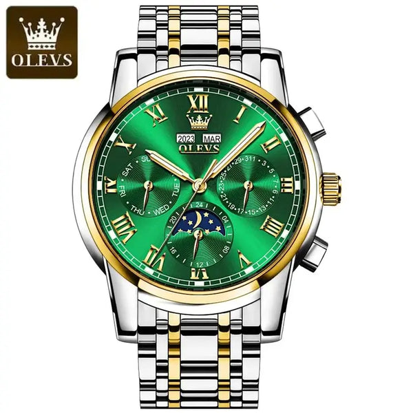 OLEVS 6692 Men's Luxury Automatic Mechanical Luminous Moon Phase Watch - Two Tone Green Face