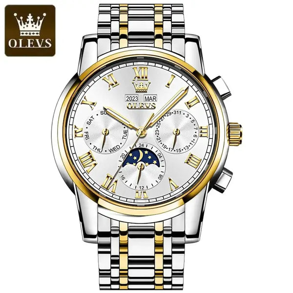 OLEVS 6692 Men's Luxury Automatic Mechanical Luminous Moon Phase Watch - Two Tone White Face