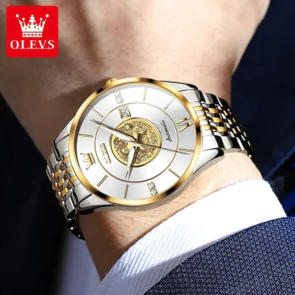 OLEVS 6693 Men's Luxury Automatic Mechanical Luminous Watch - Model Picture Two Tone White