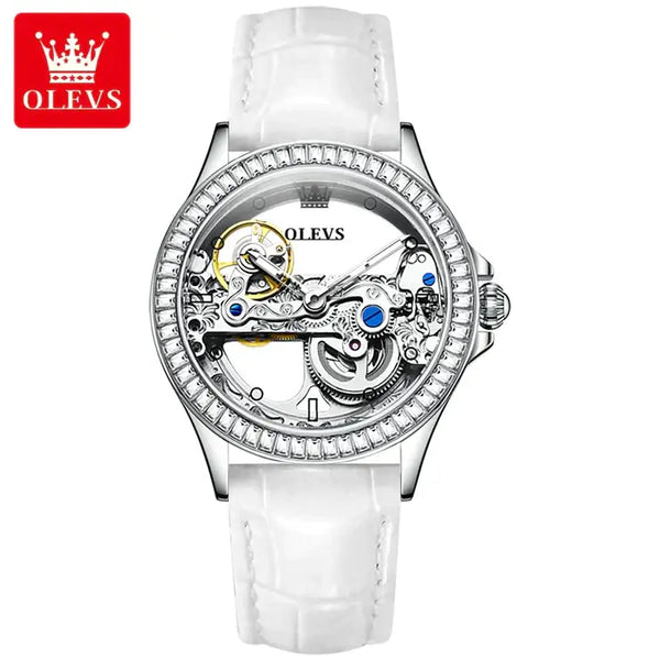 OLEVS 6699 Women's Luxury Automatic Mechanical Skeleton Design Luminous Watch - White Leather Strap