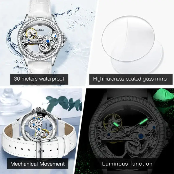 OLEVS 6699 Women's Luxury Automatic Mechanical Skeleton Design Luminous Watch - Multiple Features