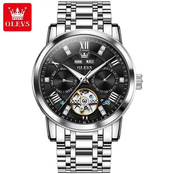 OLEVS 6701 Men's Luxury Automatic Mechanical Complete Calendar Luminous Watch - Silver Black Face