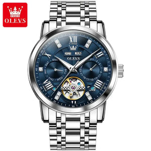 OLEVS 6701 Men's Luxury Automatic Mechanical Complete Calendar Luminous Watch - Silver Blue Face