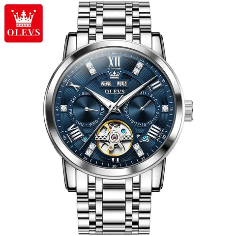 OLEVS 6701 Men's Luxury Automatic Mechanical Complete Calendar Luminous Watch - Silver Blue Face