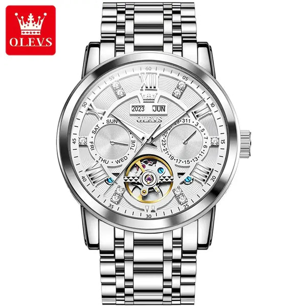 OLEVS 6701 Men's Luxury Automatic Mechanical Complete Calendar Luminous Watch - Silver White Face